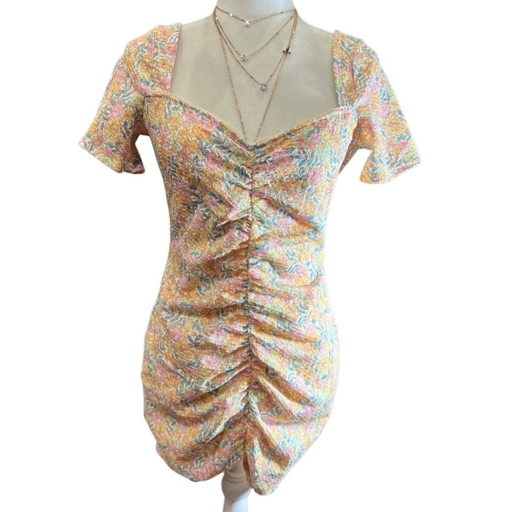 ASOS Design Textured Ruched Mini Dress Short Sleeves Pastel Floral Size 10